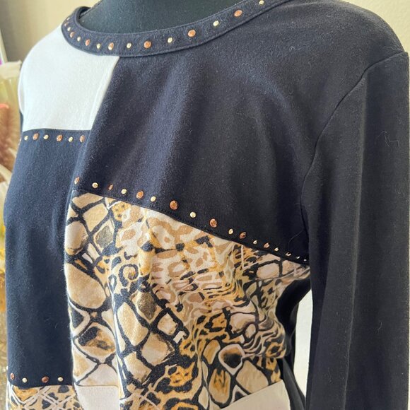 Chic Vintage Alfred Dunner Colorblock Animal Print Studded Y2K Top PL - Picture 2 of 8